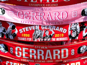 Steven Gerrard of Liverpool scraves are sold ahead of his final Barclays Premier League match at Anfield, between Liverpool and Crystal Palace at Anfield on May 16, 2015