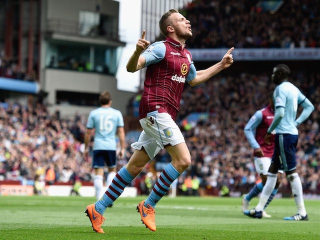 Tom Cleverley celebrates scoring for Aston Villa on May 9, 2015