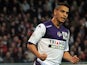 Toulouse's French Tunisian forward Wissam Ben Yedder jubilates after scoring during the French L1 football match Guingamp versus Toulouse on May 16, 2015