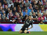 Danny Ings of Burnley celebrates after he scores with a header during the Barclays Premier League match between Aston Villa and Burnley at Villa Park on May 24, 2015