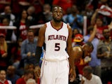 DeMarre Carroll #5 of the Atlanta Hawks reacts in the first quarter against the Cleveland Cavaliers during Game One of the Eastern Conference Finals of the 2015 NBA Playoffs at Philips Arena on May 20, 2015