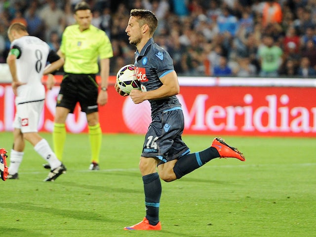 Dries Mertens of Napoli celebrates after scoring goal 1-1 during the Serie A match between SSC Napoli - AC Cesena at Stadio San Paolo on May 18, 2015