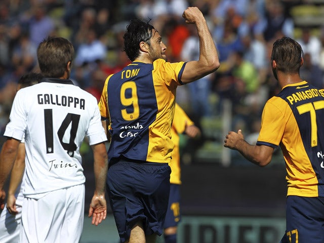 Luca Toni of Hellas Verona FC celebrates his second goal during the Serie A match between Parma FC and Hellas Verona FC at Stadio Ennio Tardini on May 24, 2015