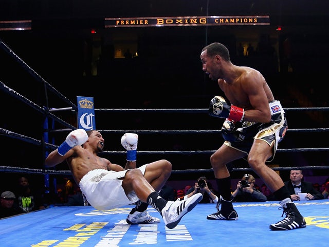 James DeGale knocks down Andre Dirrell during their super middleweight fight at Agganis Arena at Boston University on May 23, 2015