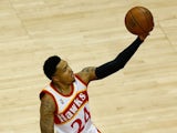 Guard Kent Bazemore #24 of the Atlanta Hawks shoots a layup in Game Two of the Eastern Conference Finals against the Cleveland Cavaliers during the 2015 NBA Playoffs at Philips Arena on May 22, 2015