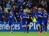 Jamie Vardy of Leicester City celebrates scoring his team's first goal during the Barclays Premier League match between Leicester City and Queens Park Rangers at The King Power Stadium on May 24, 2015