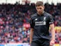 Steven Gerrard of Liverpool reacts during the Barclays Premier League match between Stoke City and Liverpool at Britannia Stadium on May 24, 2015