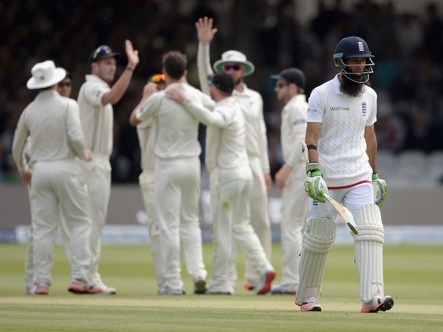 England's Moeen Ali is dismissed on day two of the First Test with New Zealand on May 22, 2015