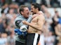 Newcastle United's Argentinian midfielder Jonas Gutierrez (R) celebrates after he scores with Newcastle United's English head coach John Carver (L) during the English Premier League football match between Newcastle United and West Ham United at St James P