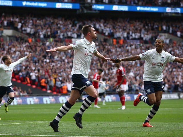 Paul Huntington of Preston North End celebrates after scoring during the League One play-off final between Preston North End and Swindon Town at Wembley Stadium on May 24, 2015