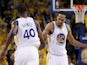 Harrison Barnes #40 and Shaun Livingston #34 of the Golden State Warriors celebrate in the fourth quarter against the Houston Rockets during Game One of the Western Conference Finals of the 2015 NBA Playoffs at ORACLE Arena on May 19, 2015