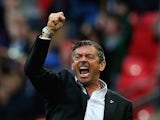 Phil Brown, manager of Southend United celebrates a late equaliser goal in extra-time during the Sky Bet League Two Playoff Final between Southend United and Wycombe Wanderers at Wembley Stadium on May 23, 2015