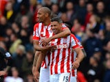 Jonathan Walters of Stoke City celebrates scoring their third goal during the Barclays Premier League match between Stoke City and Liverpool at Britannia Stadium on May 24, 2015 
