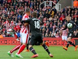 Mame Biram Diouf of Stoke City scores a goal during the Barclays Premier League match between Stoke City and Liverpool at Britannia Stadium on May 24, 2015