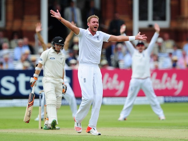 England's Stuart Broad appeals for the wicket of New Zealand's Tom Latham on day two of the First Test on May 22, 2015
