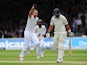 Stuart Broad celebrates taking the wicket of Ross Taylor on day three of the First Test between England and New Zealand on May 23, 2015