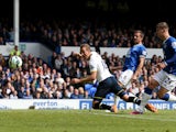 Harry Kane of Spurs scores his team's first goal during the Barclays Premier League match between Everton and Tottenham Hotspur at Goodison Park on May 24, 2015