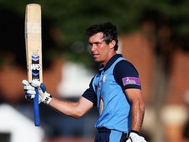Wayne Madsen of Derbyshire celebrates his century during the Royal London One Day Cup match between Leicestershire Foxes and Derbyshire Falcons at Grace Road on July 27, 2014