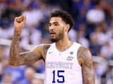 Willie Cauley-Stein #15 of the Kentucky Wildcats reacts after a play in the second half against the Wisconsin Badgers during the NCAA Men's Final Four Semifinal at Lucas Oil Stadium on April 4, 2015