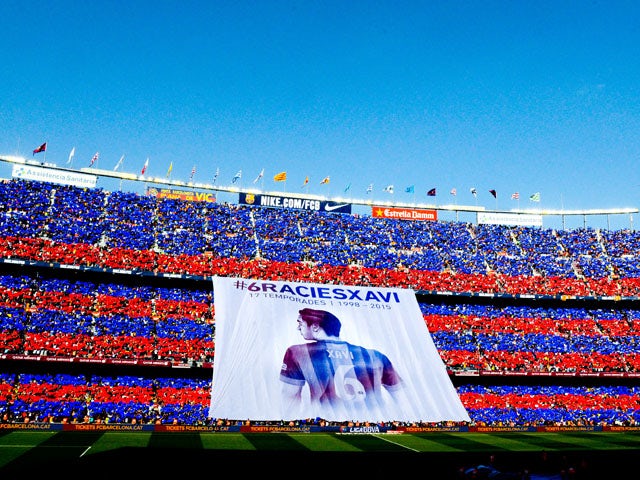 FC Barcelona fans display a huge banner tribute to Xavi Hernanez prior to the La Liga match between FC Barcelona and RC Deportivo de la Coruna at Camp Nou on May 23, 2015