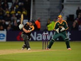 Andrew Gale of Yorkshire Vikings hits the winning runs during the NatWest T20 Blast between Nottingham Outlaws and Yorkshire Vikings at Trent Bridge on May 22, 2015