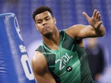 Defensive lineman Arik Armstead of Oregon competes during the 2015 NFL Scouting Combine at Lucas Oil Stadium on February 22, 2015
