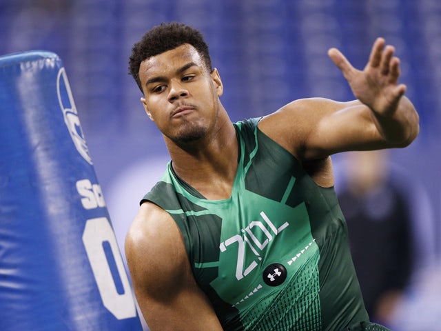 Defensive lineman Arik Armstead of Oregon competes during the 2015 NFL Scouting Combine at Lucas Oil Stadium on February 22, 2015