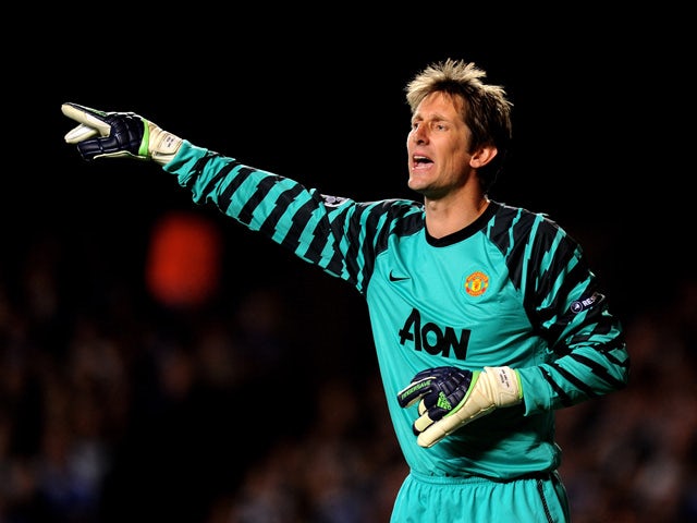 Goalkeeper Edwin Van Der Sar of Manchester United gestures during the UEFA Champions League quarter final first leg match between Chelsea and Manchester United at Stamford Bridge on April 6, 2011