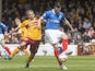 Haris Vuckic of Rangers competes with Keith Lasley of Motherwell during the Scottish Premiership play-off final 2nd leg between Motherwell and Rangers at Fir Park on May 31, 2015