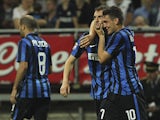 Marcelo Brozovic of FC Internazionale Milano celebrates his goal with his team-mate Mateo Kovacic during the Serie A match between FC Internazionale Milano and Empoli FC at Stadio Giuseppe Meazza on May 31, 2015