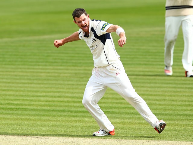 James Harris of Middlesex celebrates after getting the wicket of Paul Coughlin of Durham to end the innings during day three of the LV County Championship match between Middlesex and Durham at Lord's Cricket Ground on May 4, 2015