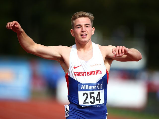 Jordan Howe of Great Britain celebrates after coming third in the mens 200m T35 final during day three of the IPC Athletics European Championships at Swansea University Sports Village on August 21, 2014