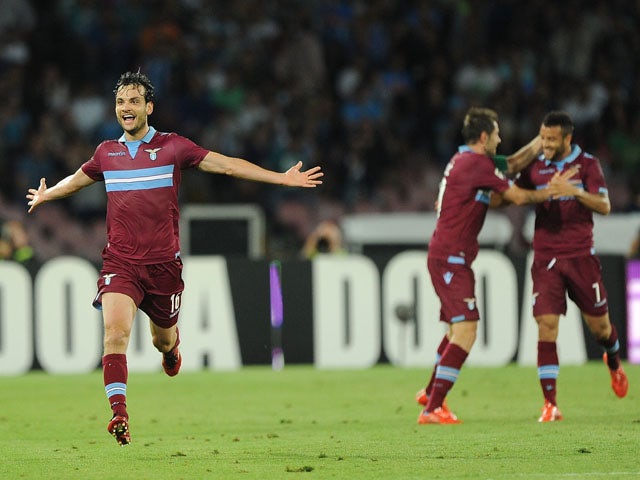 Marco Parolo of Lazio celebrates after scoring goal 1-0 during the Serie A match between SSC Napoli and SS Lazio at Stadio San Paolo on May 31, 2015