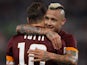 Francesco Totti of AS Roma celebrates after scoring his team's first goal with his team-mate Radja Nainggolan during the Serie A match between AS Roma and US Citta di Palermo at Stadio Olimpico on May 31, 2015