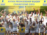 Saracens captain Alistair Hargreaves lifts the Aviva Premiership trophy following his team's 28-16 victory during the Aviva Premiership Final between Bath Rugby and Saracens at Twickenham Stadium on May 30, 2015