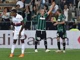 Simone Zaza of Sassuolo celebrates after scoring the goal 3-0 during the Serie A match between US Sassuolo Calcio and Genoa CFC at Mapei Stadium on May 31, 2015