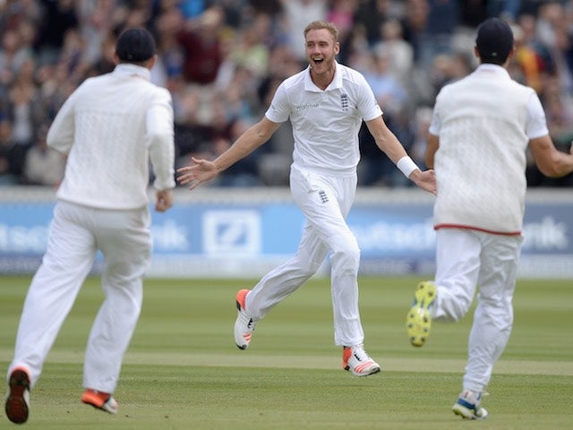 Stuart Broad celebrates taking the wicket of Tom Latham on day five of the First Test between England and New Zealand on May 25, 2015