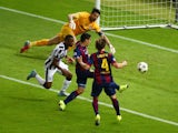 Luis Suarez of Barcelona scores his team's second goal during the UEFA Champions League Final between Juventus and FC Barcelona at Olympiastadion on June 6, 2015