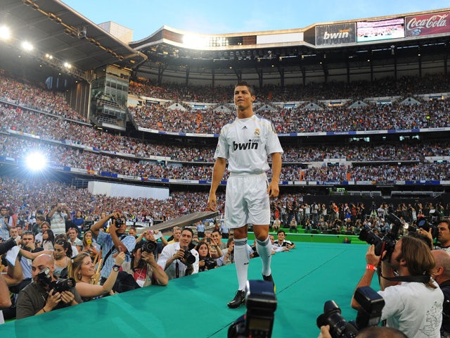New Real Madrid player Cristiano Ronaldo is presented to a full house at the Santiago Bernabeu stadium on July 6, 2009