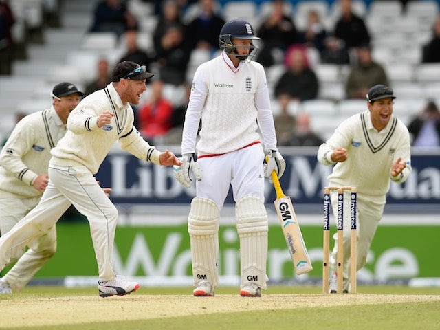 England's Joe Root is unhappy at being bowled out during day five of the Second Test with New Zealand on June 2, 2015