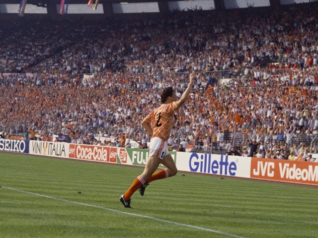 Dutch footballer Marco van Basten having scored the first of his three goals against England during a European Championship match in Dusseldorf, 15th June 1988