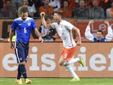 Netherlands' forward Klaas-Jan Huntelaar celebrates after scoring a goal during the Friendly football match between the Netherlands and USA on June 5, 2015