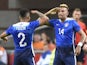 US Danny Williams celebrates with US DeAndre Yedlin after scoring a goal during the friendly football match between the Netherlands and USA on June 5, 2015