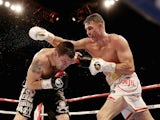 Callum Smith in action with Nikola Sjekloca during their WBC International Super Middleweight Championship at Liverpool Echo Arena on November 22, 2014
