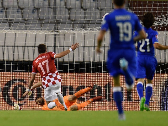 Mario Mandzukic of Croatia #17 scores the opening goal during the EURO 2016 Group H Qualifier between Croatia and Italy on June 12, 2015