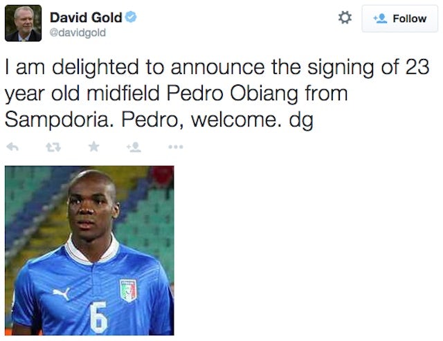 A screenshot of David Gold's tweet with a picture of Angelo Ogbonna