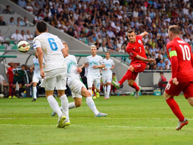 Jack Wilshere of England scores their second goal during the UEFA EURO 2016 Qualifier between Slovenia and England on at the Stozice Arena on June 14, 2015