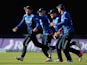 Joe Root of England celebrates with Sam Billings, Jason Roy and Alex Hales after catching out Kane Williamson of New Zealand during the 1st ODI Royal London One-Day match between England and New Zealand at Edgbaston on June 9, 2015