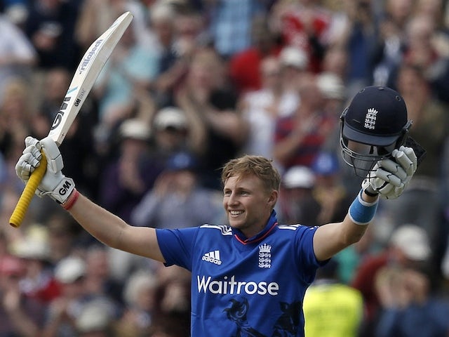 England batsman Joe Root celebrates scoring a century during the first one-day international (ODI) cricket match between England and New Zealand at Edgbaston cricket ground, in Birmingham, central England on June 9, 2015