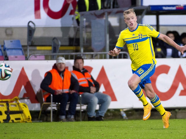 John Guidetti of Sweden in action during the UEFA Under-21 Championship qualifying match between Sweden and France in Orjans Vall Stadium on October 14, 2014